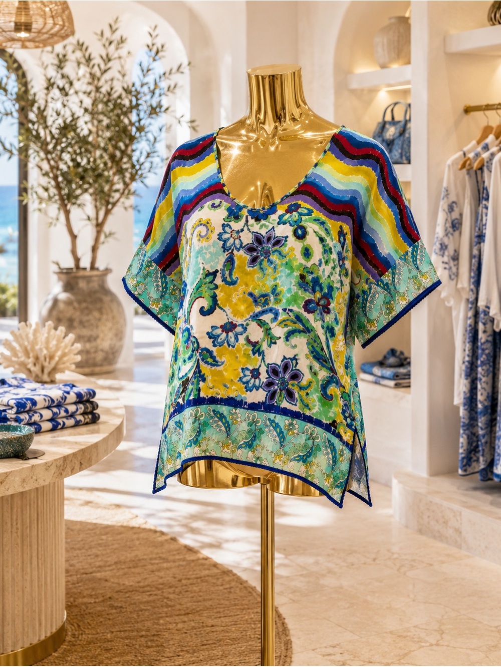 Johnny Was, silk, floral, paisley, ikat, tunic, blouse, and Small.
